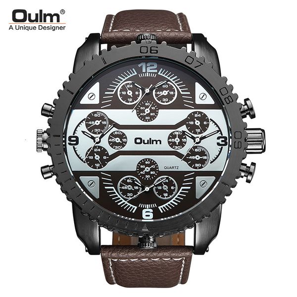 watch oulm cool men's quartz four time zone leisure fashion multi large dial, Slivery;brown